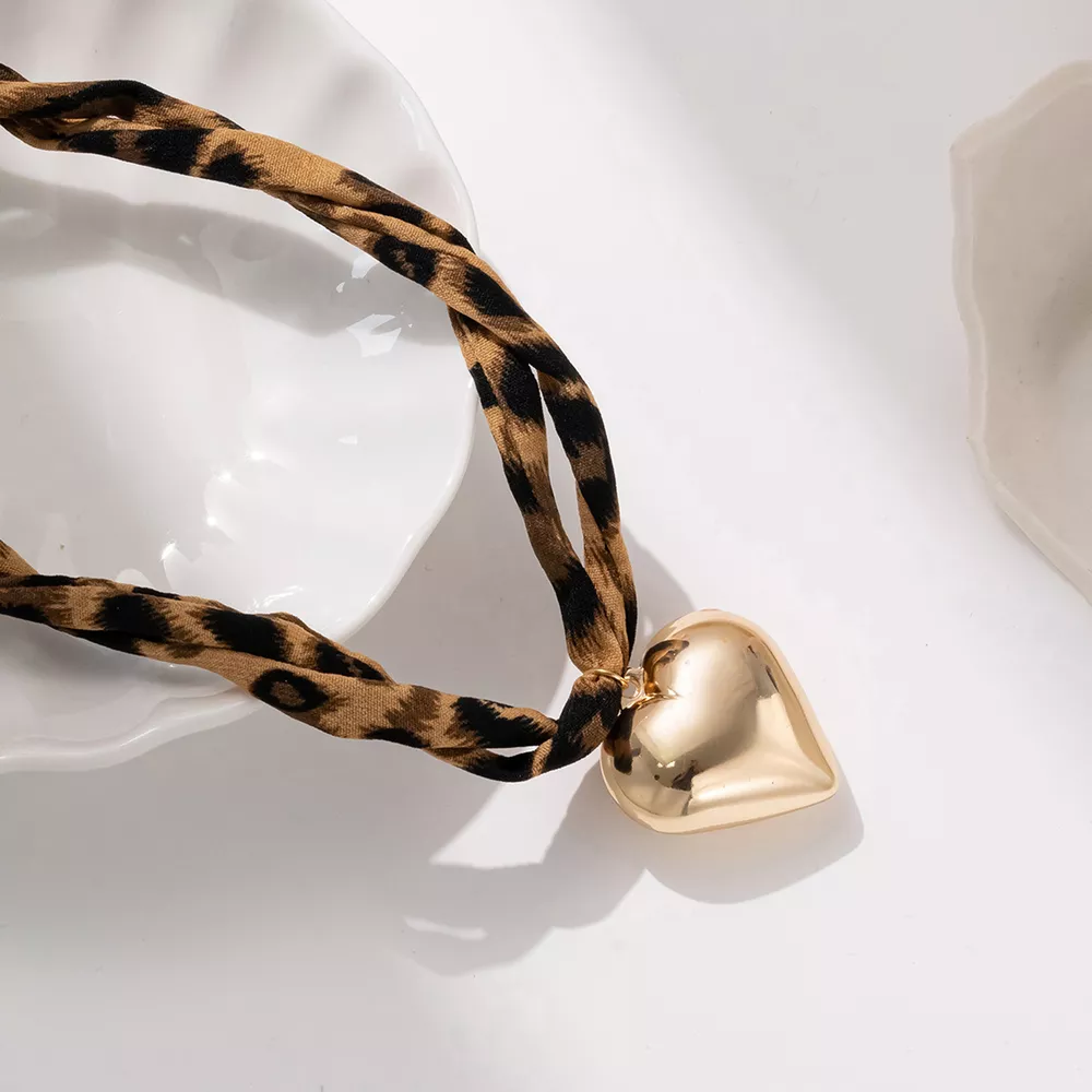 Leopard Print Choker with Golden Heart Pendant Necklace, image 2