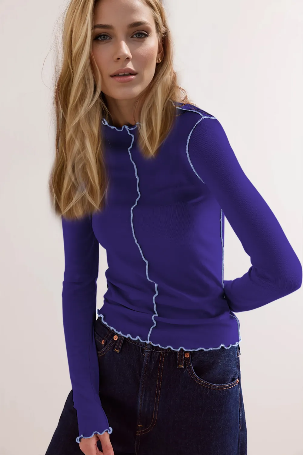 Contrast Trim Mock Neck Long Sleeve T-Shirt, image 4