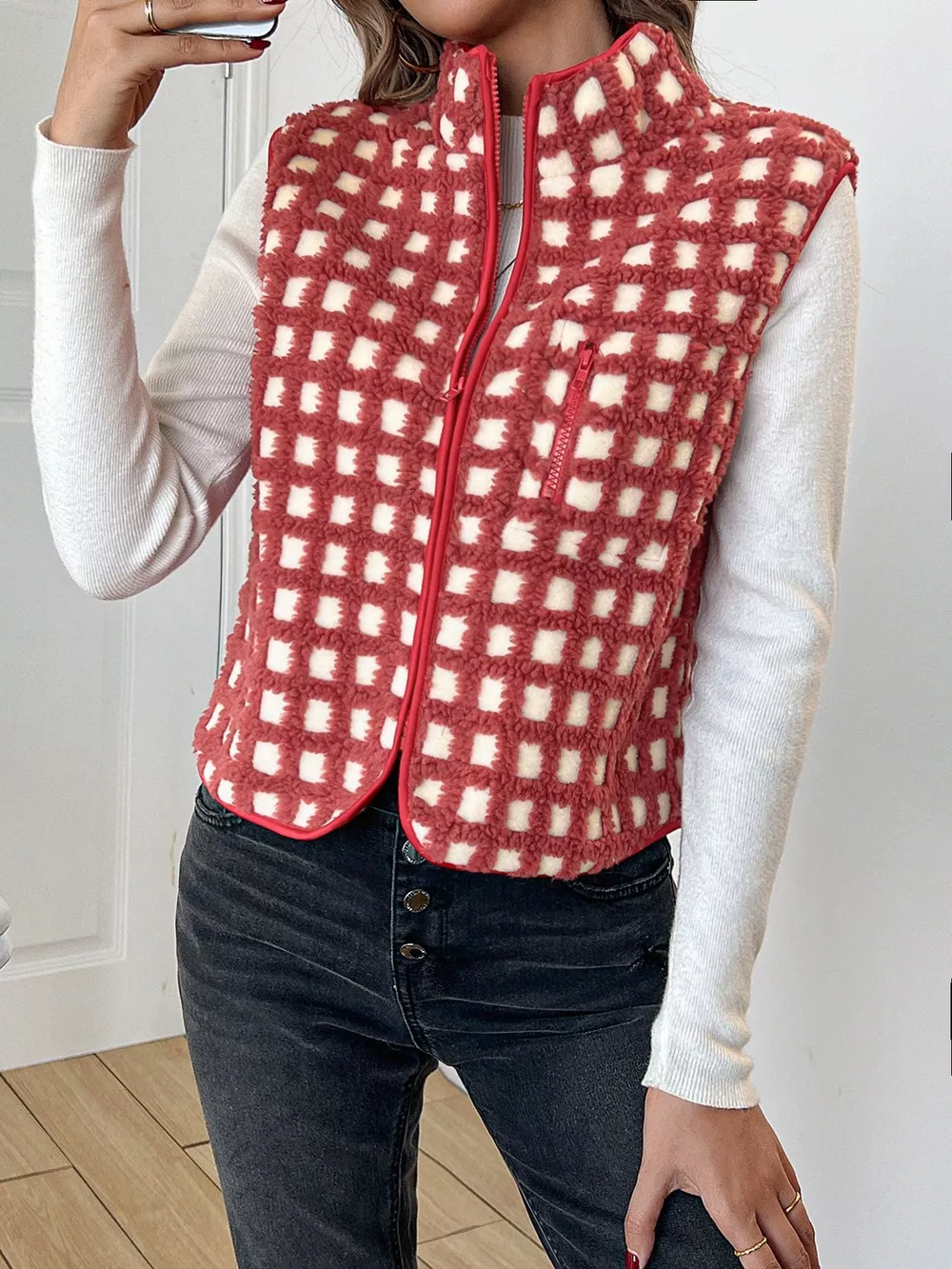 Plaid Zip Up Vest Coat, image 5