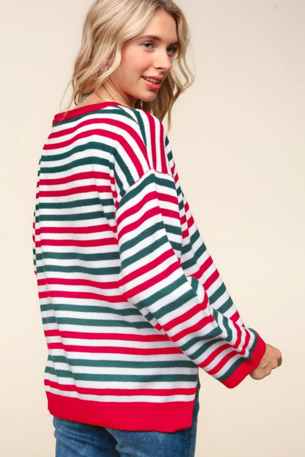 Full Size Striped Contrast Side Slit Knit Top, image 2