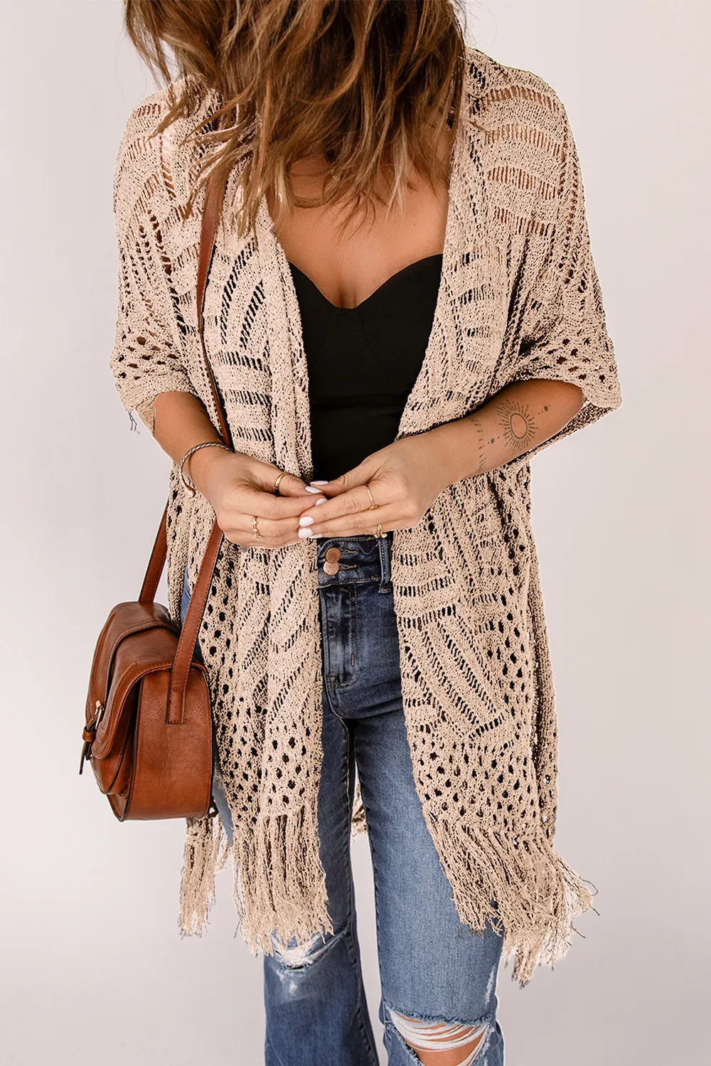 Openwork Open Front Cardigan with Fringes, image 5