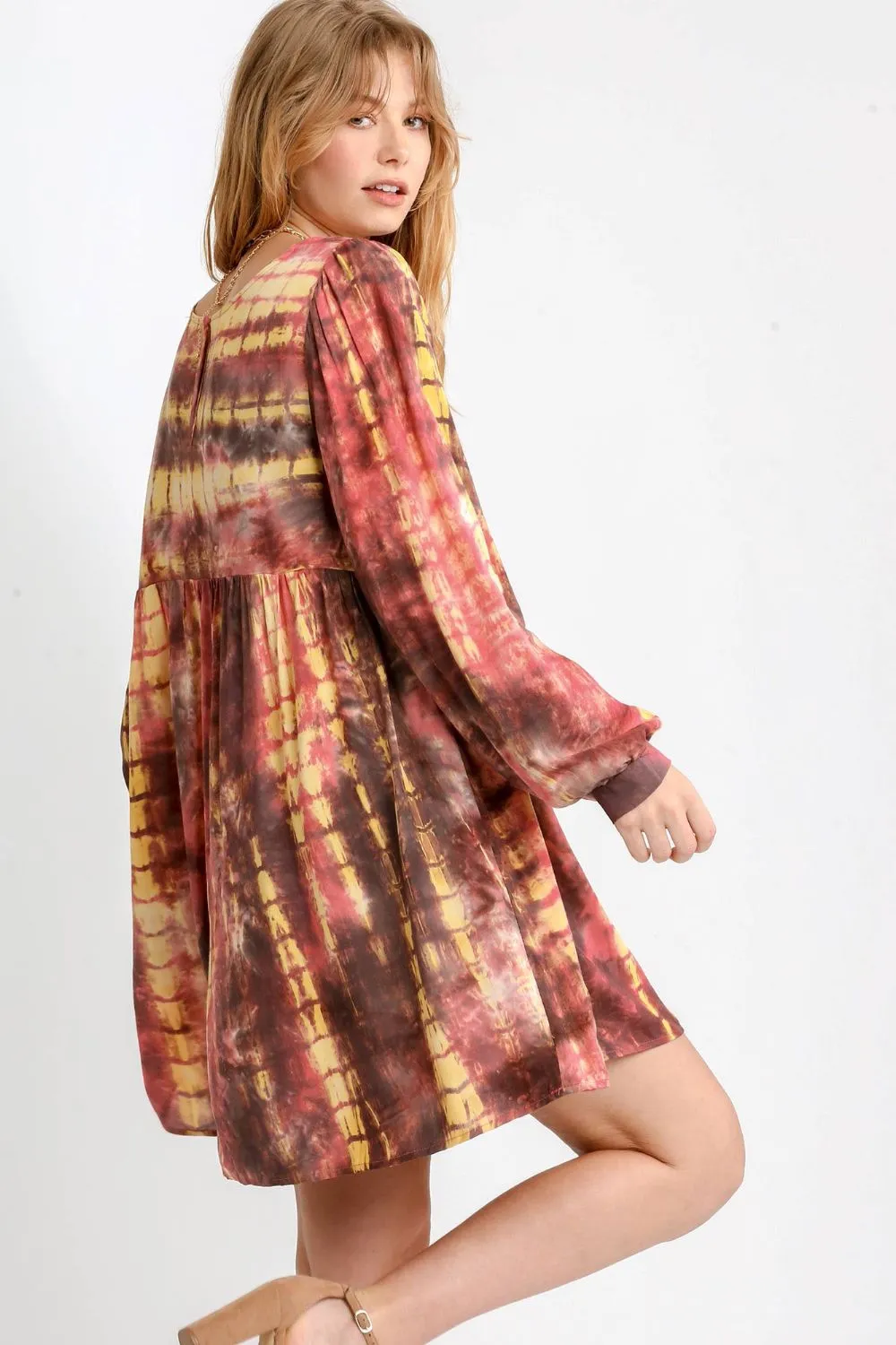 Full Size Tie Dye Long Sleeve Babydoll Dress with Keyhole Plus Size, image 2