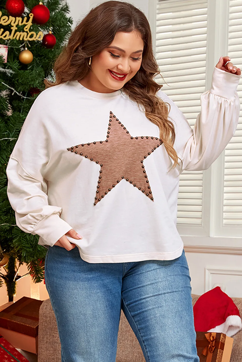 Plus Size Studded Star Round Neck Long Sleeve Blouse, image 5