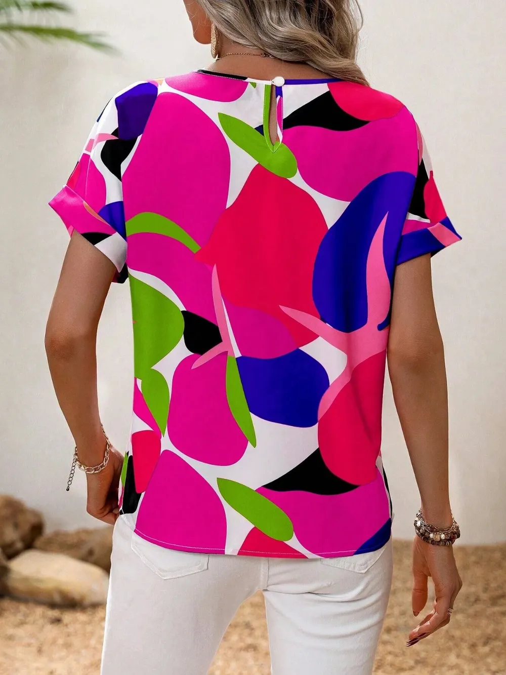 Contrast Round Neck Short Sleeve Blouse, image 3