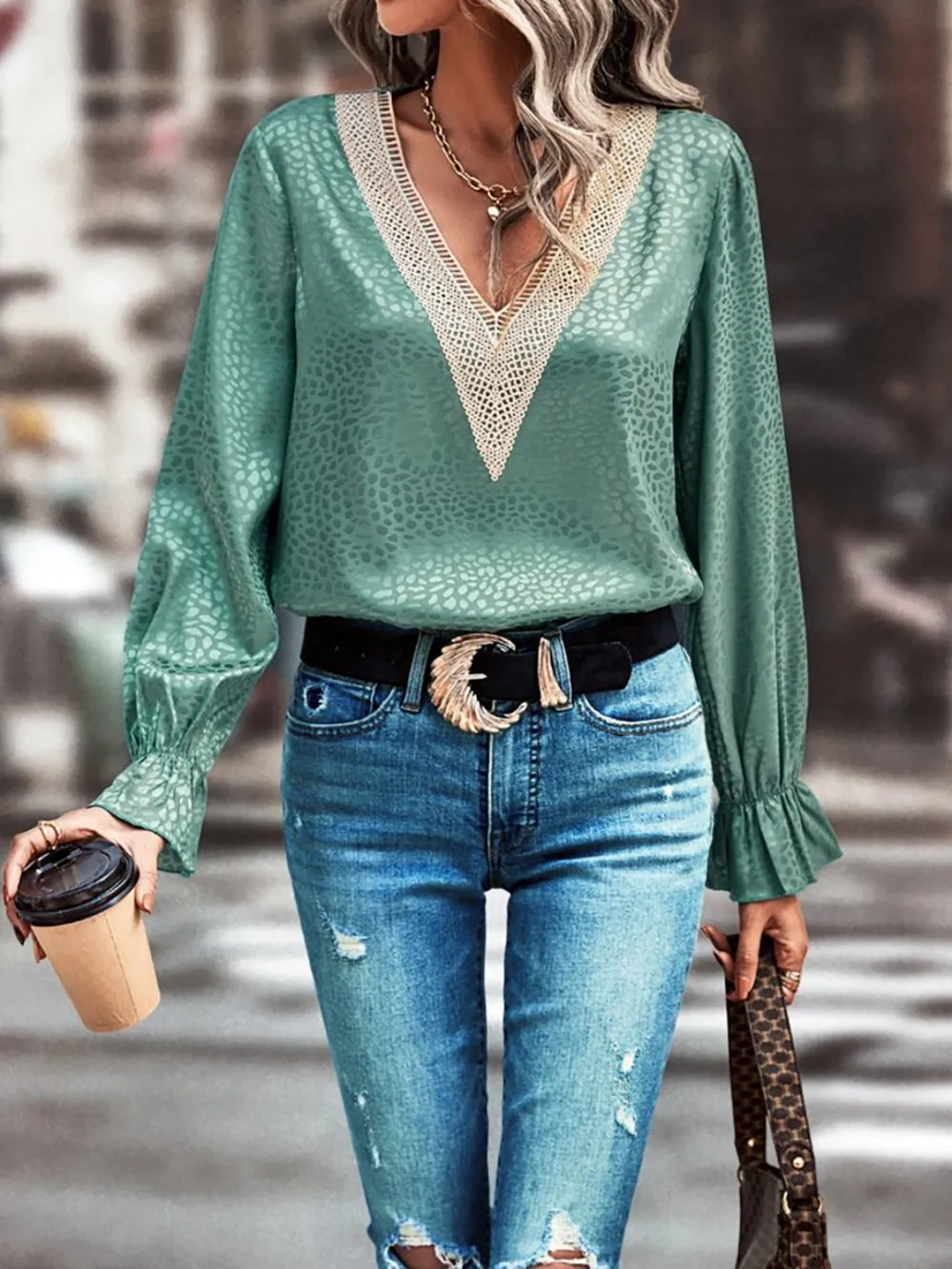 V-Neck Flounce Sleeve Blouse, image 3