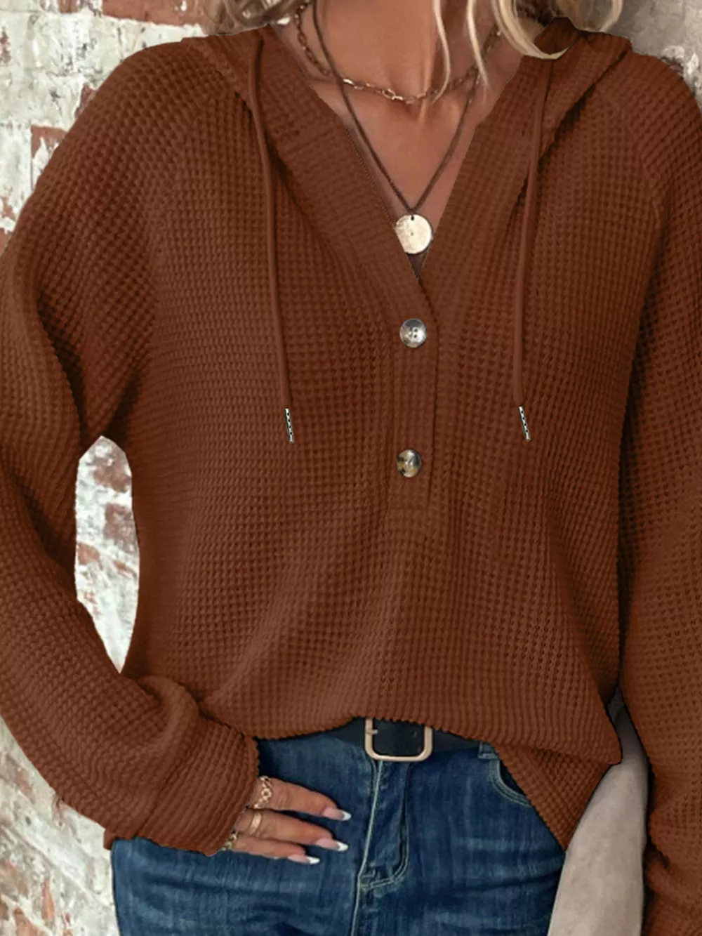 Casual Waffle Knit Button Detail Hoodie, image 2