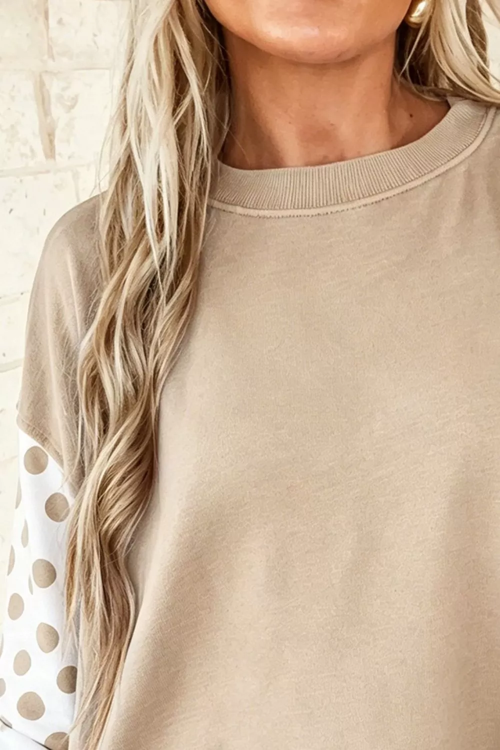 Crew Neck Polka Dot Sleeves Sweatshirt, image 2