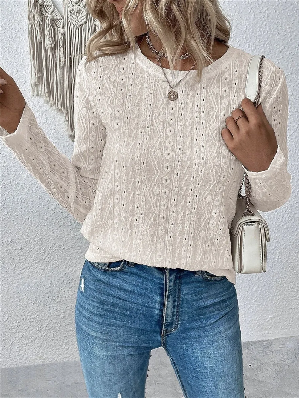 Eyelet Round Neck Long Sleeve Blouse, image 9