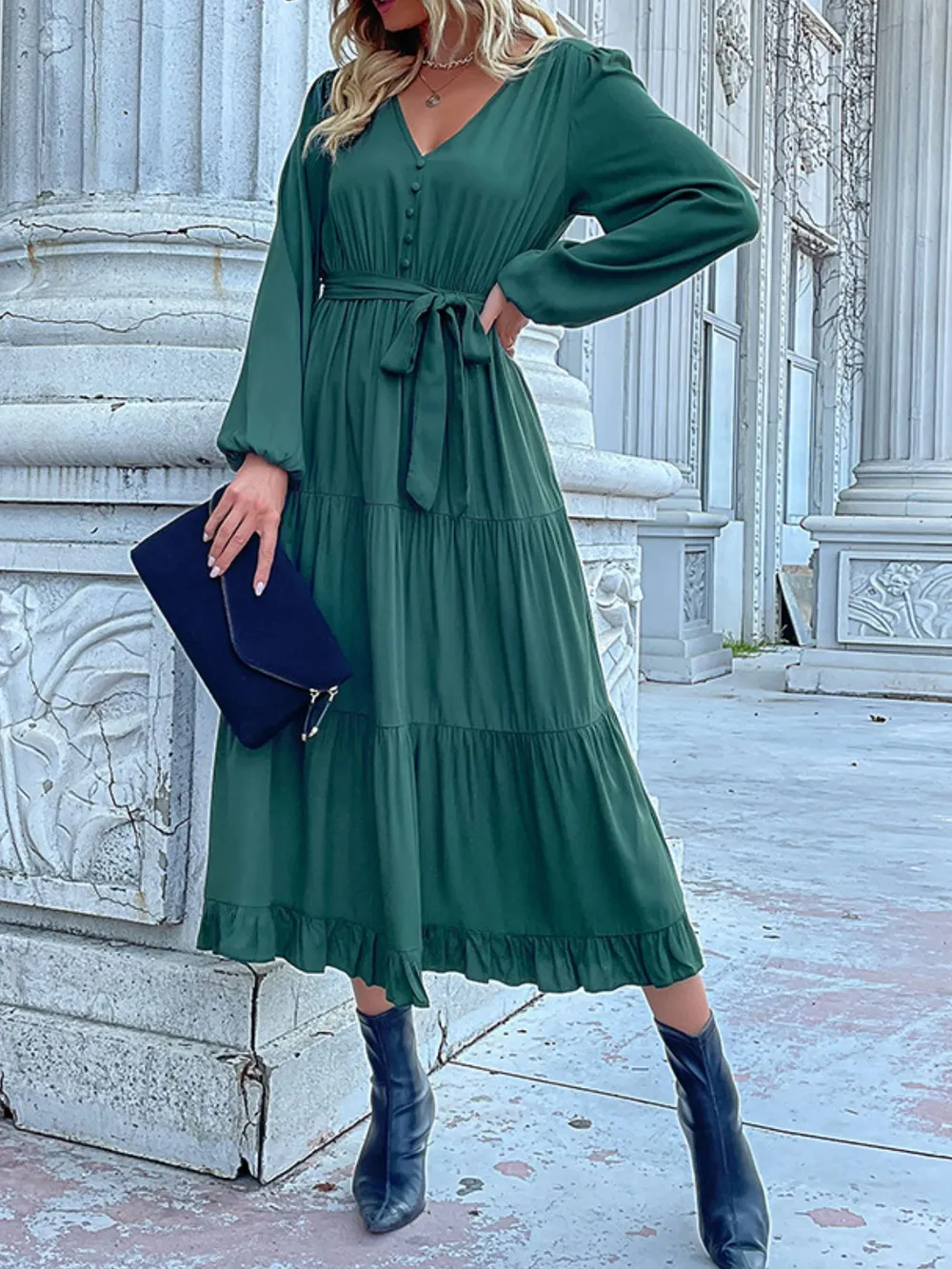 Ruffled Hem V-Neck Balloon Sleeve Dress, image 3
