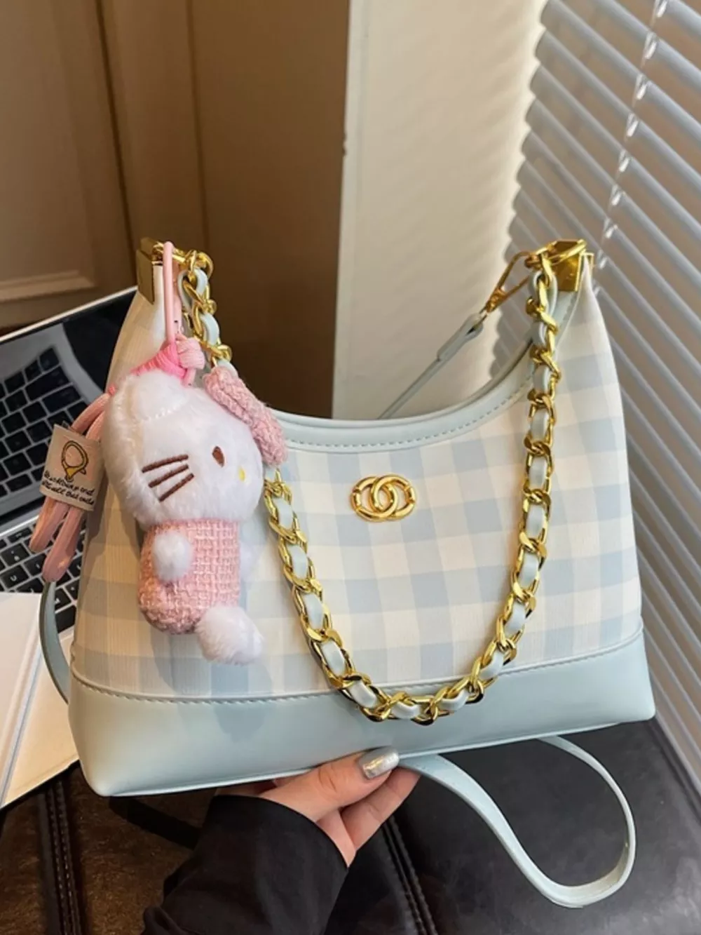 Plaid Pattern Chain Decor Shoulder Bag, image 5
