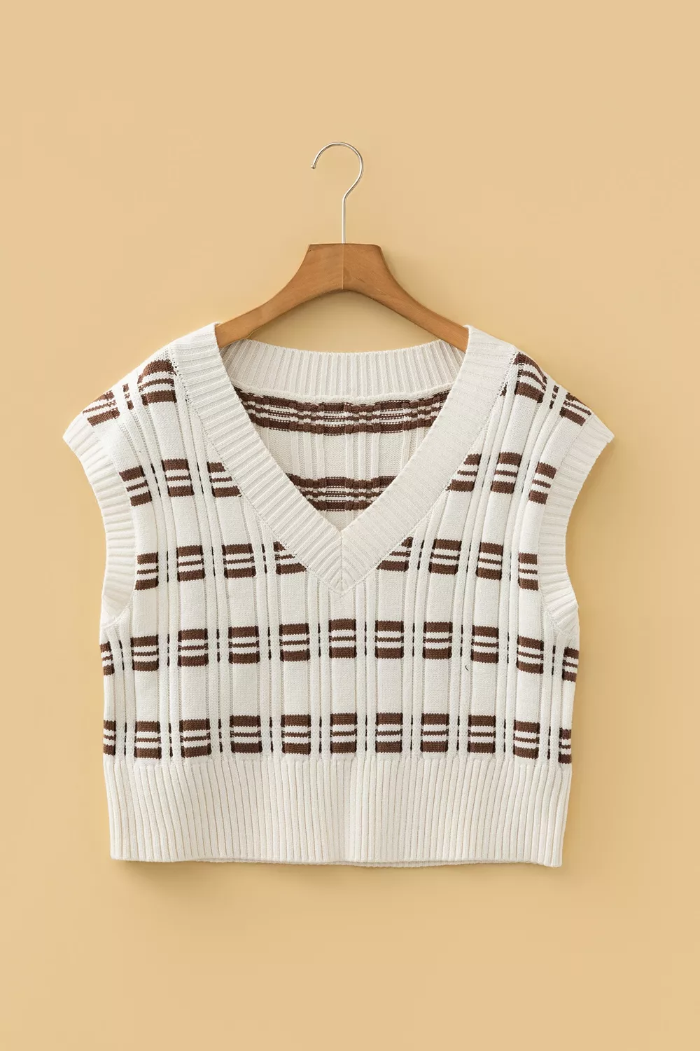 Contrast Geometric Textured Knit V Neck Cropped Sweater Vest, image 3