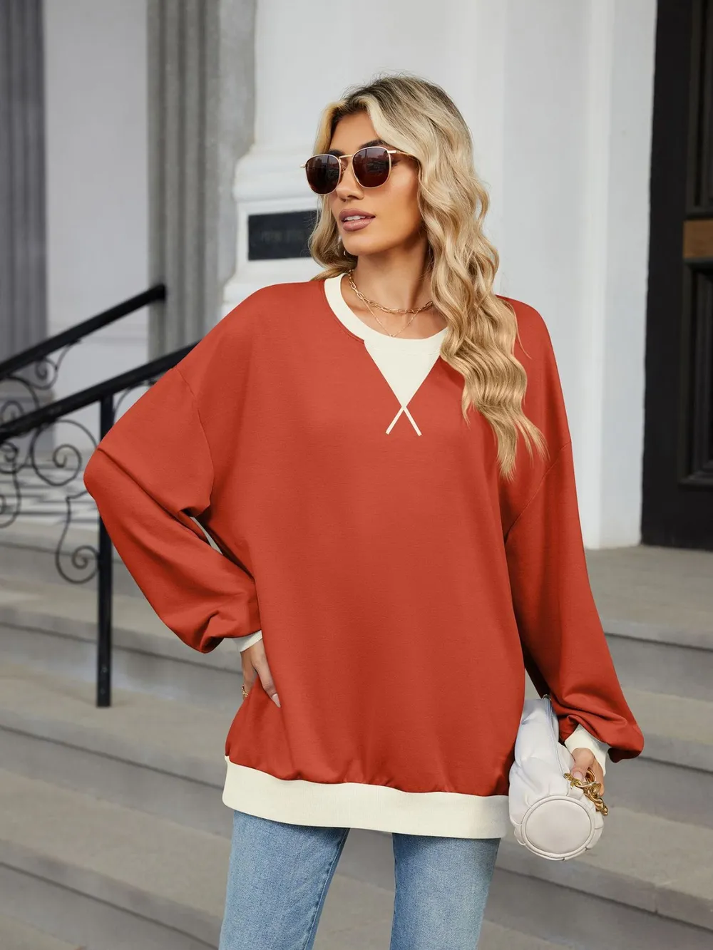 Contrast Round Neck Long Sleeve Sweatshirt, image 7