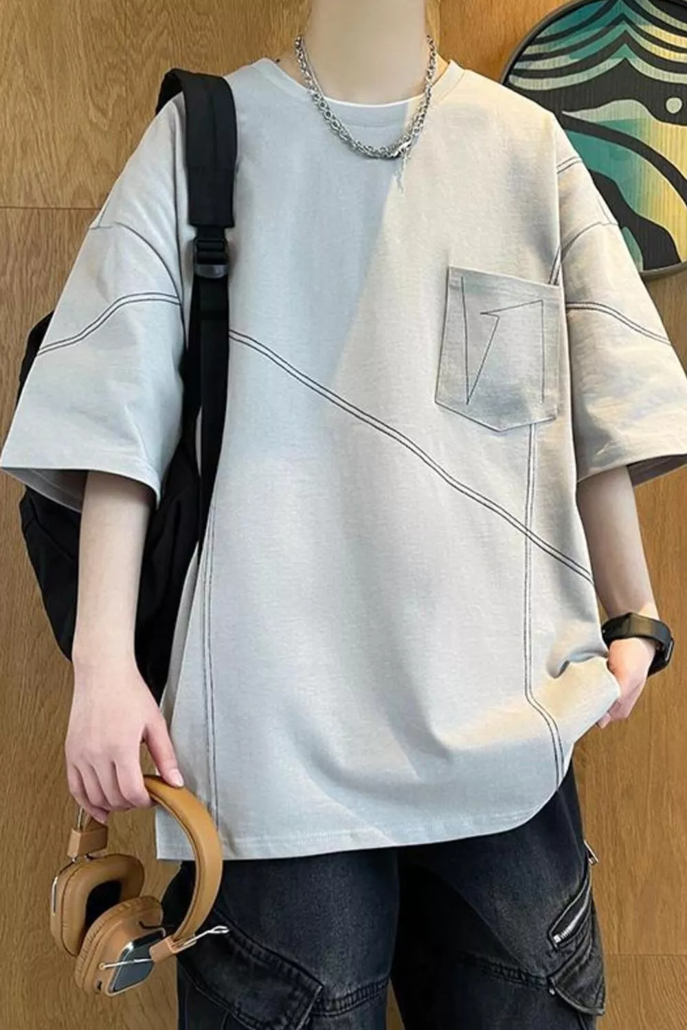 Men's Plus Size Contrast Stitching Oversized Round Neck T-Shirt, image 8