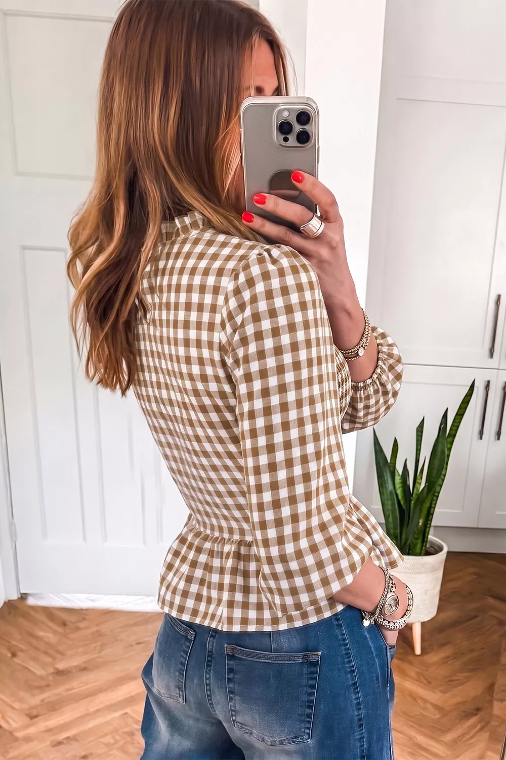 Gingham Smocked Ruffled Hem Blouse, image 2