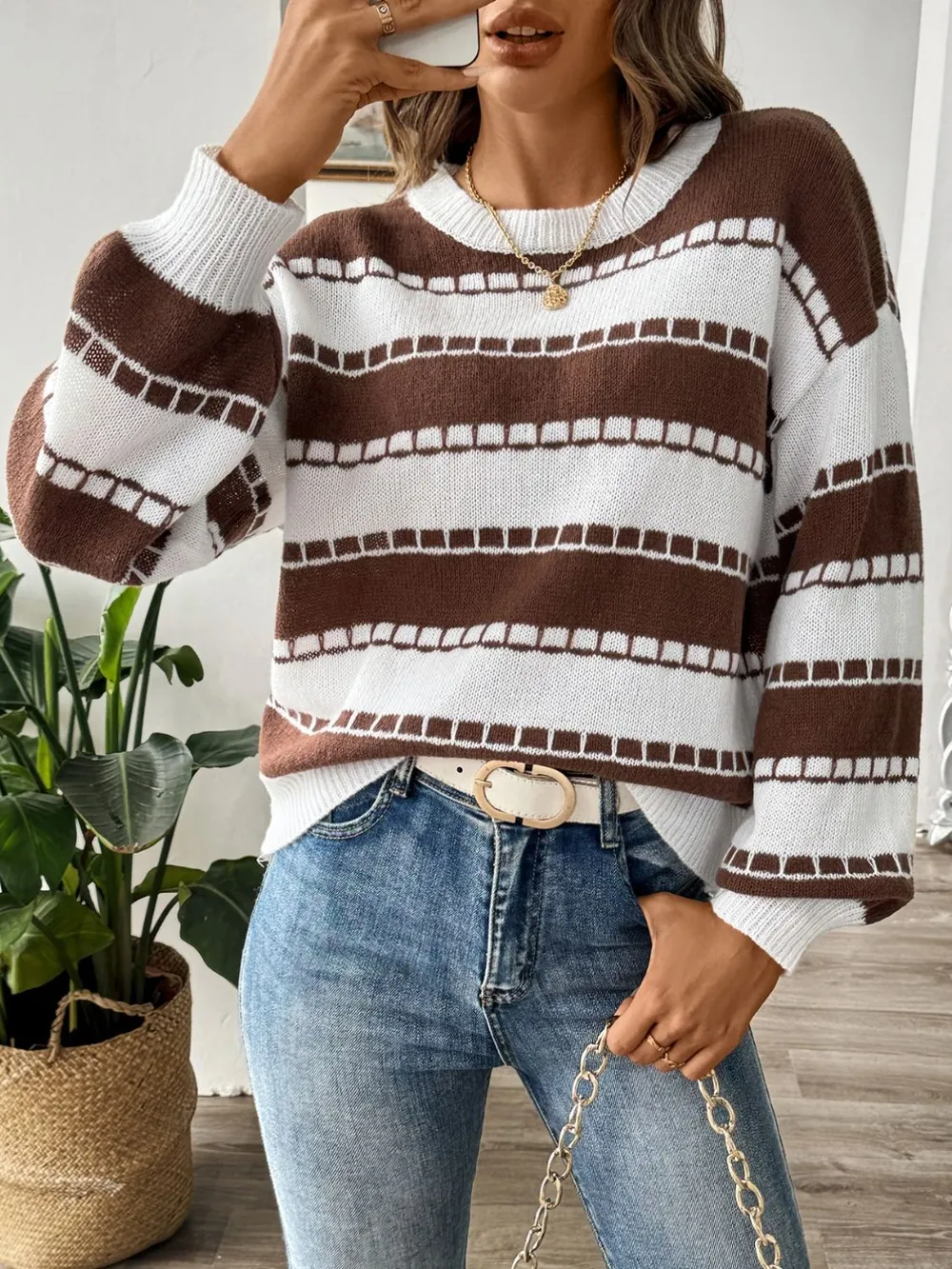 Striped Round Neck Long Sleeve Sweater, image 5