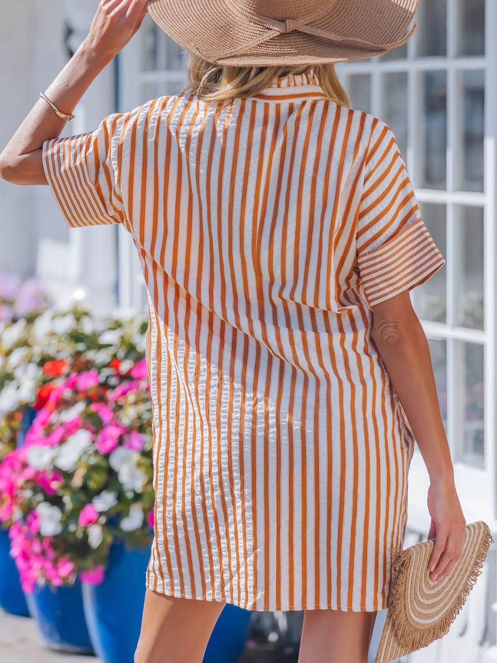 Stripe Pinched V Neck Turn-up Cuffs Shift Mini Dress, image 5