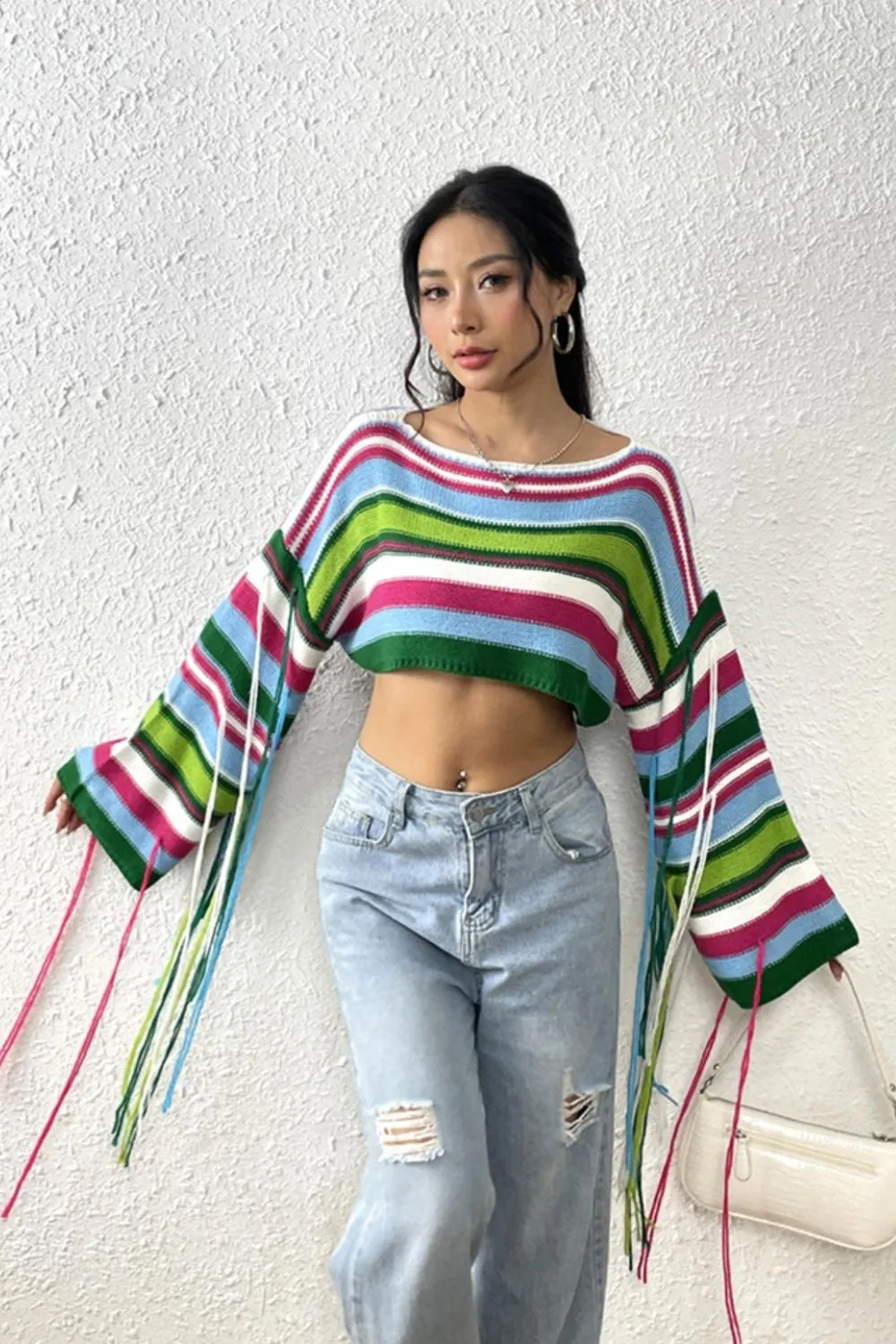 Fringe Striped Round Neck Knit Top, image 8