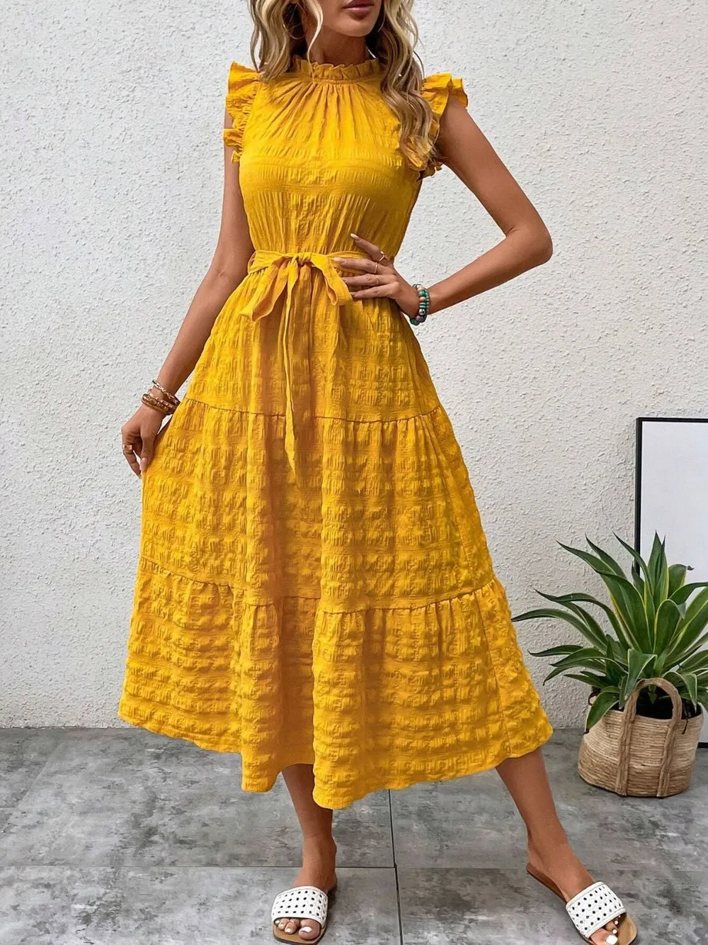 Tied Ruffled Cap Sleeve Midi Dress, image 3