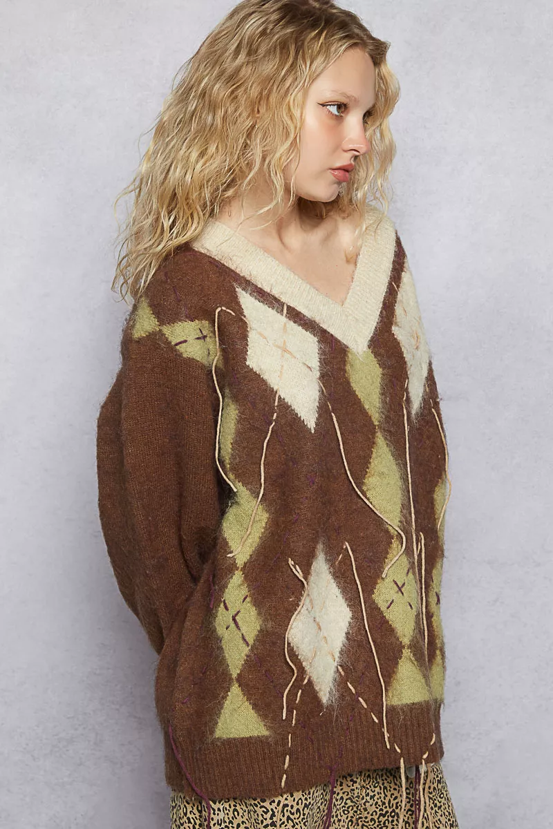 V-Neck Argyle Pattern Mohair Sweater with Contrast Exposed Stitch Detail, image 6