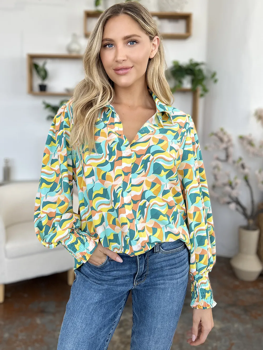 Full Size Printed Smocked Long Sleeve Blouse, image 3
