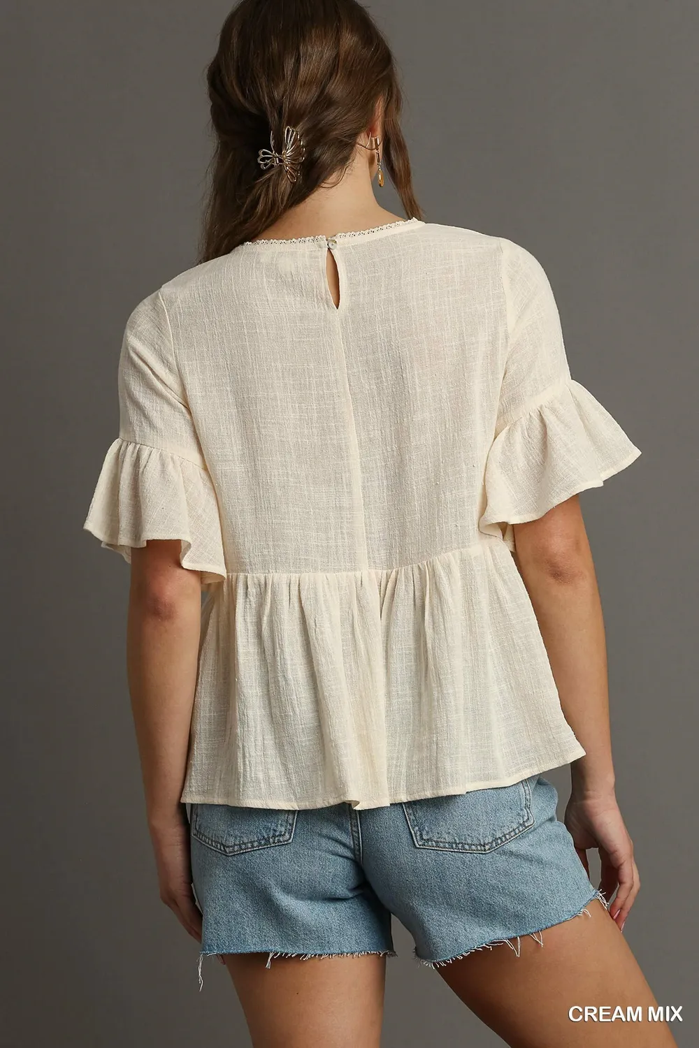 Floral Lace Trimmed Detail Half Sleeve Babydoll Top, image 2