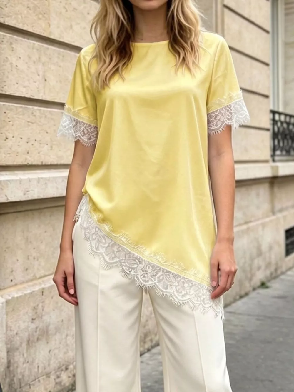 Lace Trim Short Sleeve Satin Top, image 8