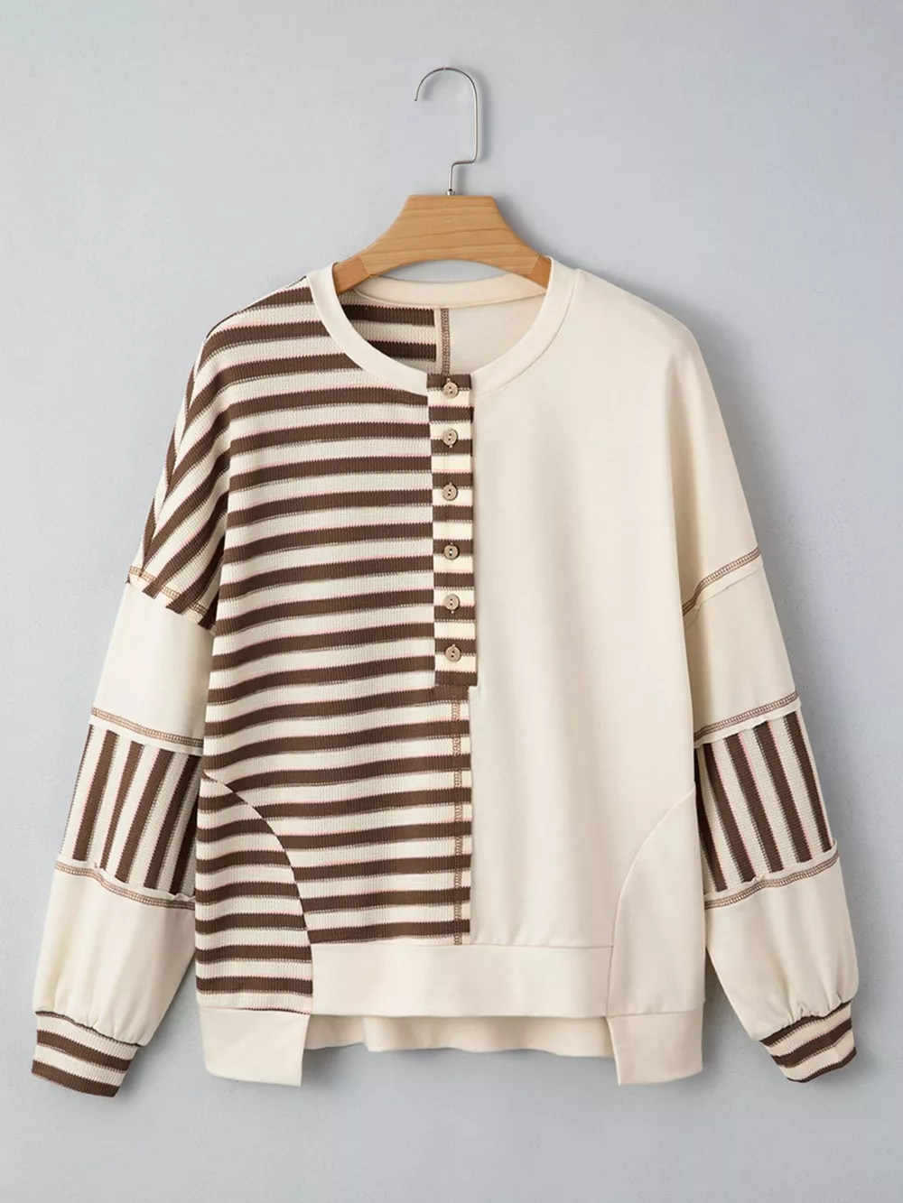 Stripe Stitched Detail Color Block Patchwork Oversized Top, image 3