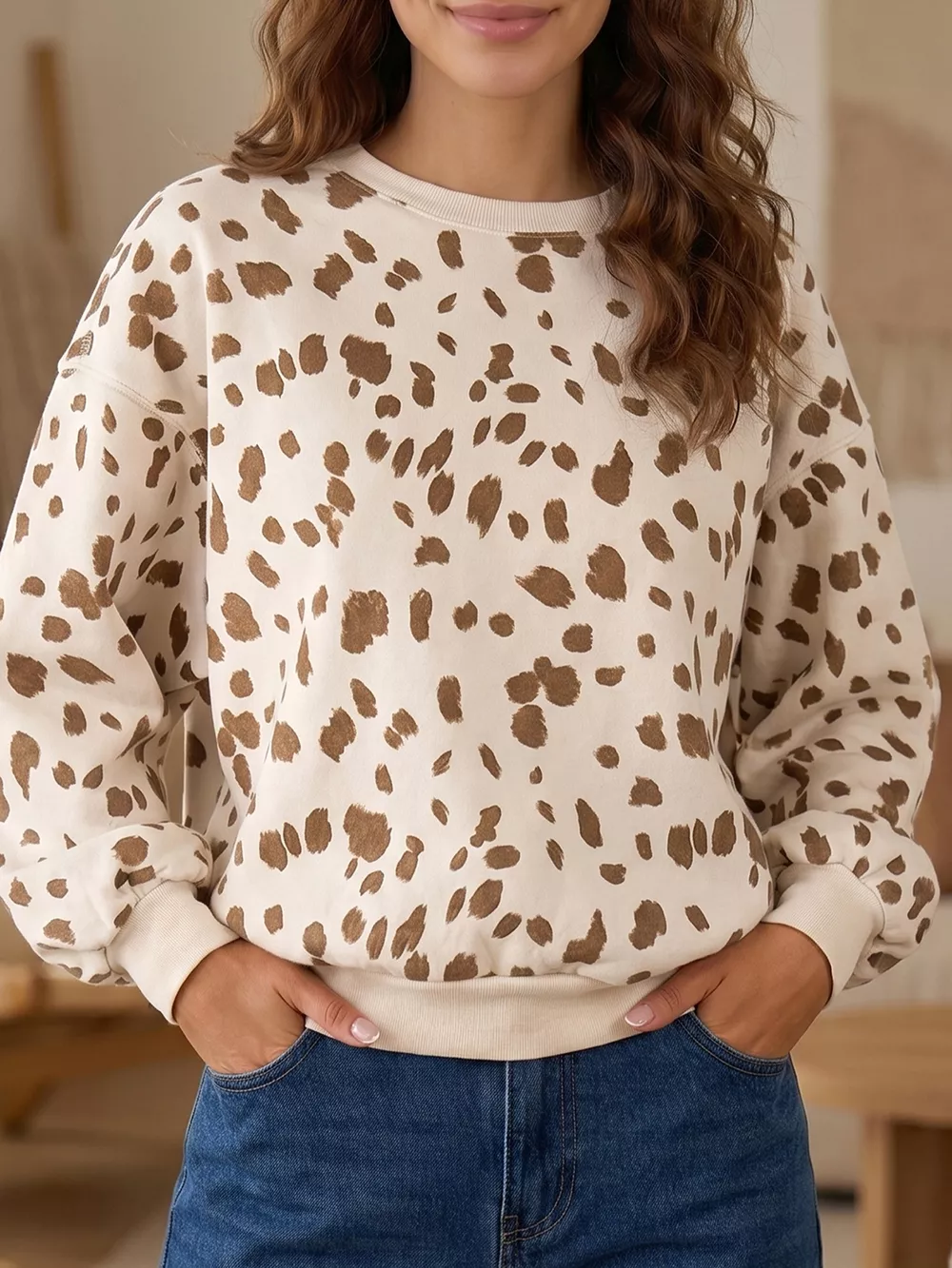 Leopard Print Dropped Shoulder Round Neck Casual Sweatshirt, image 2