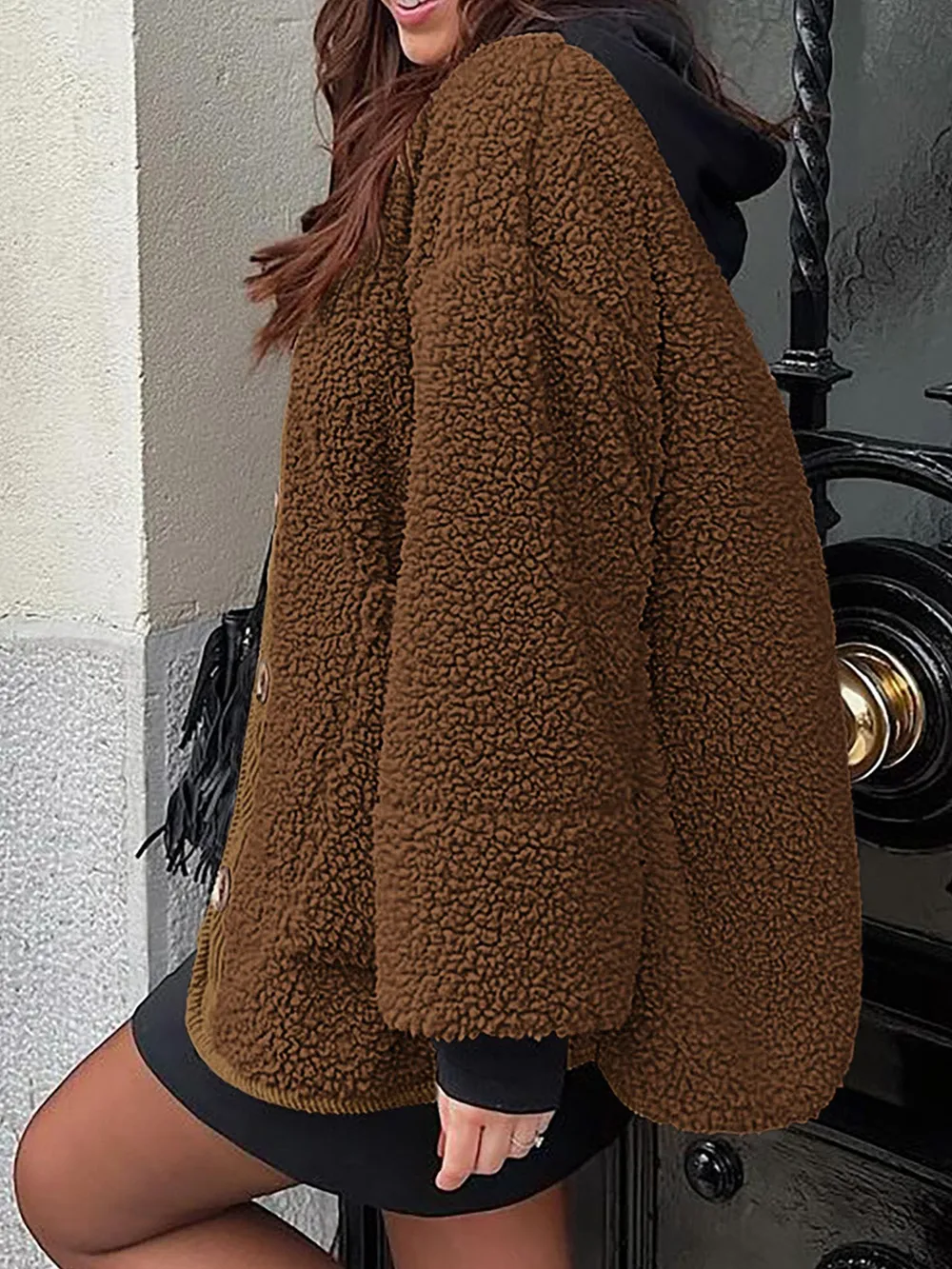 Contrast Button Up Sherpa Jacket with Pockets, image 16