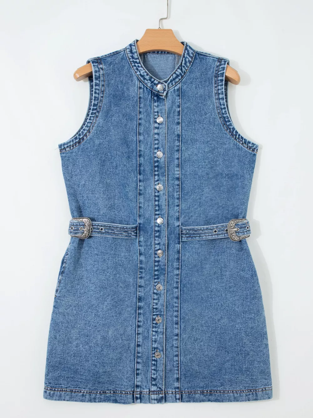 Western Belt Button Down Sleeveless Denim Short Dress, image 9