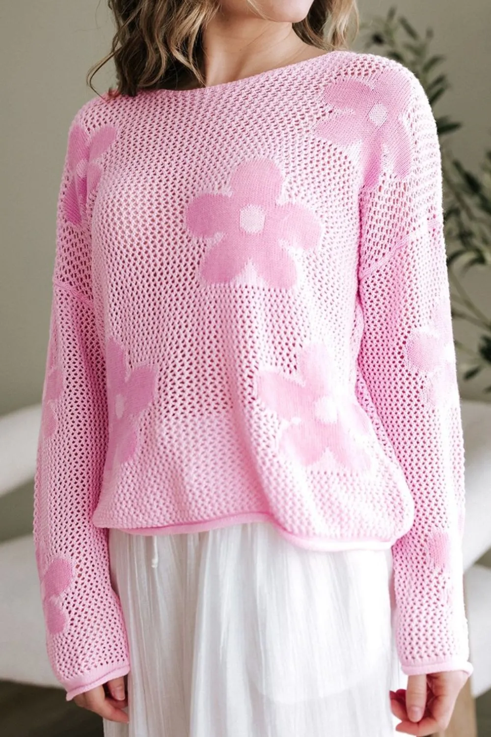 Openwork Round Neck Floral Knit Cover Up, image 2