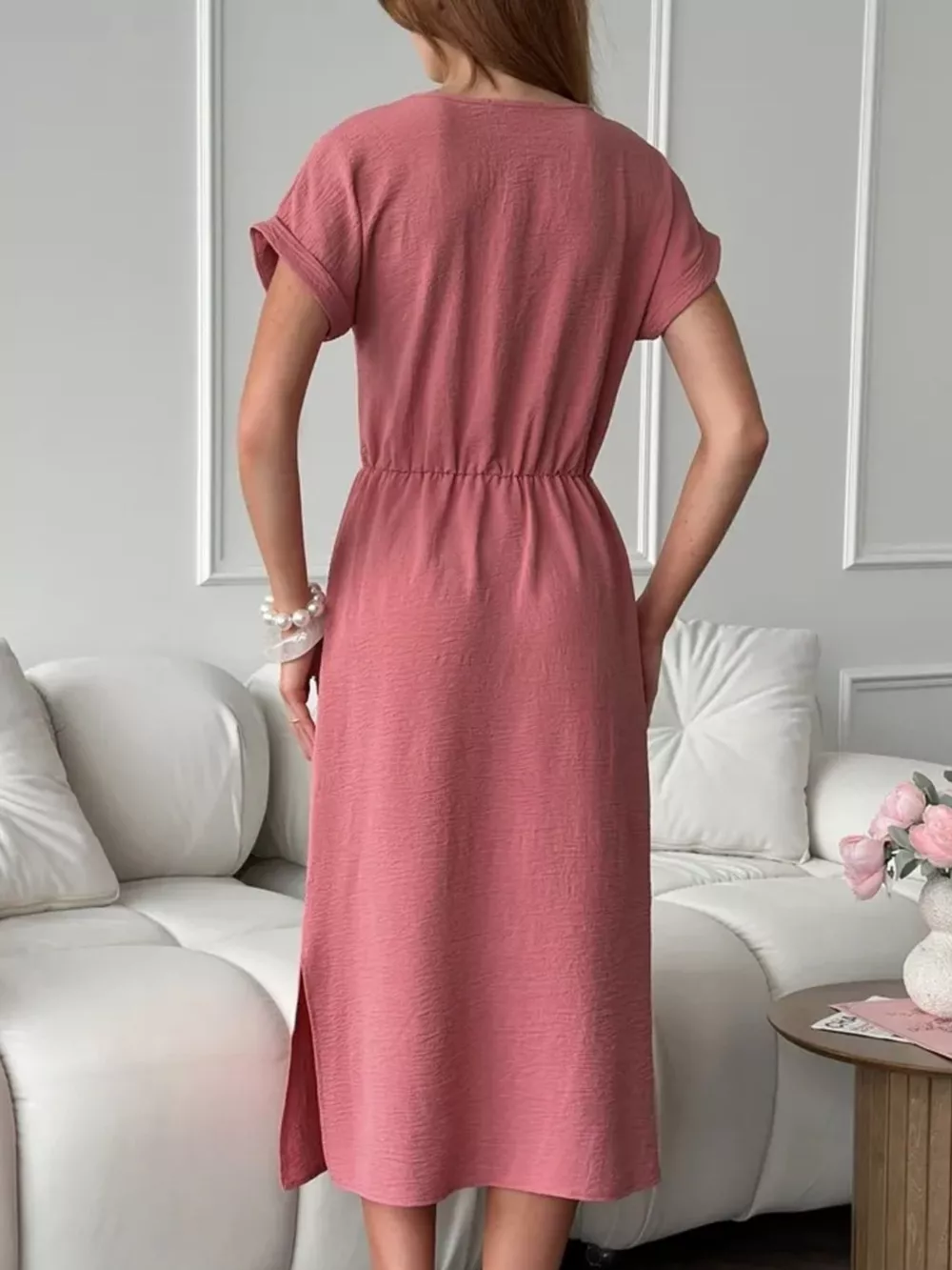 Casual Drawstring Waist Midi Dress, image 7