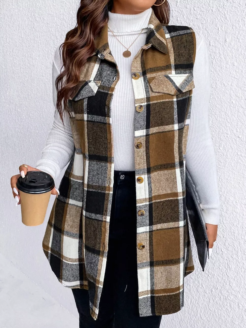 Plus Size Pocketed Plaid Button Up Vest Coat, image 2