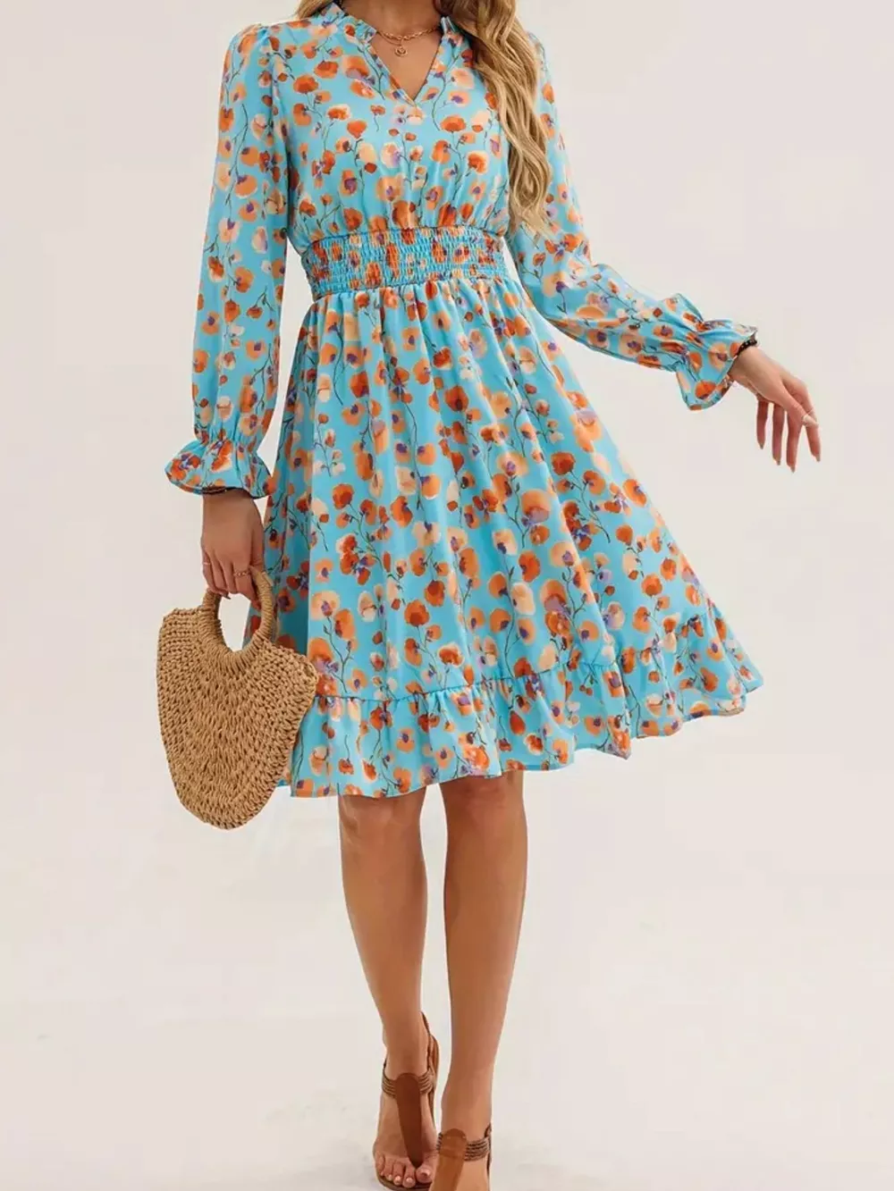 Floral Notched Flounce Sleeve Dress, image 3
