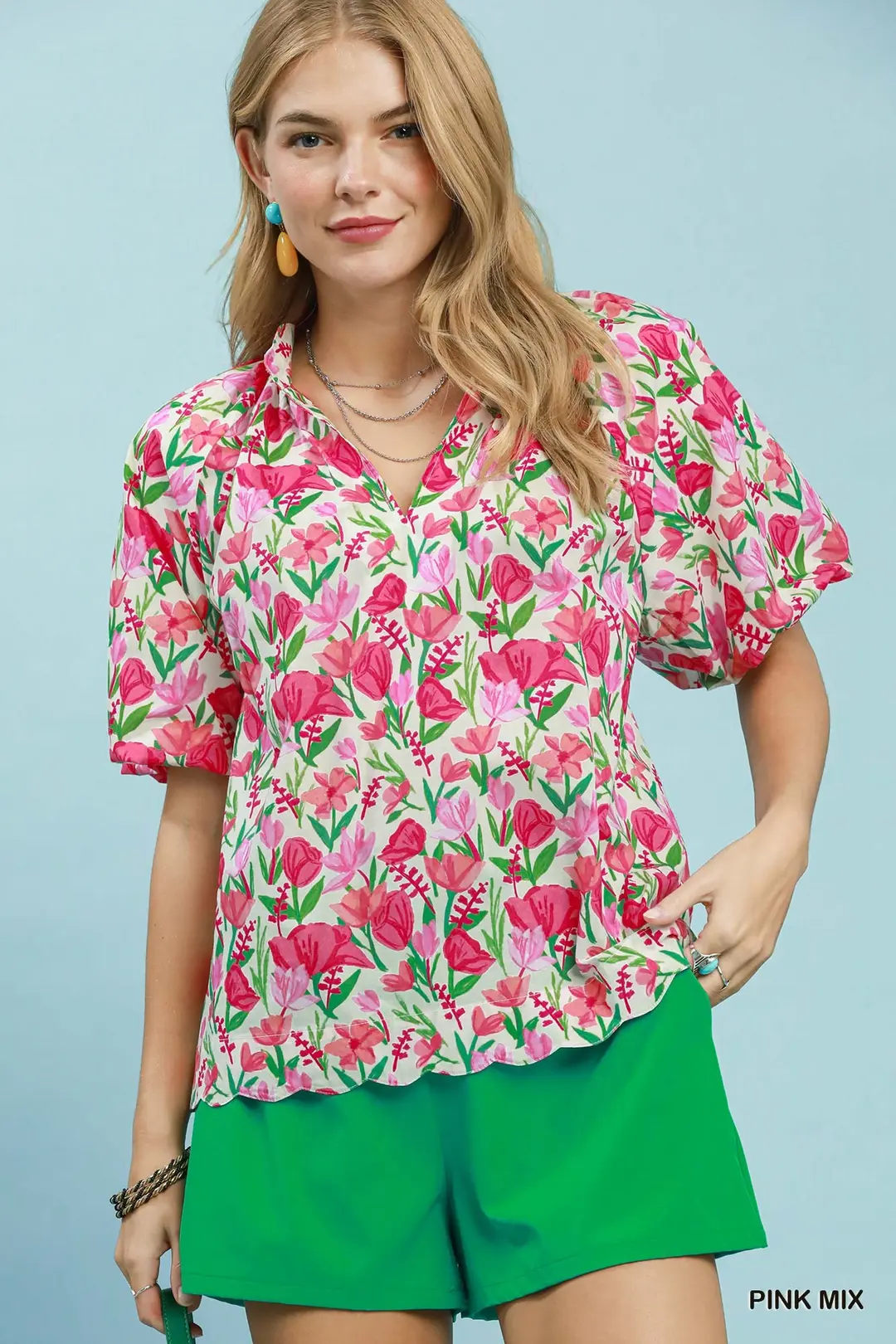 Floral Puff Sleeve Blouse with Scalloped Details