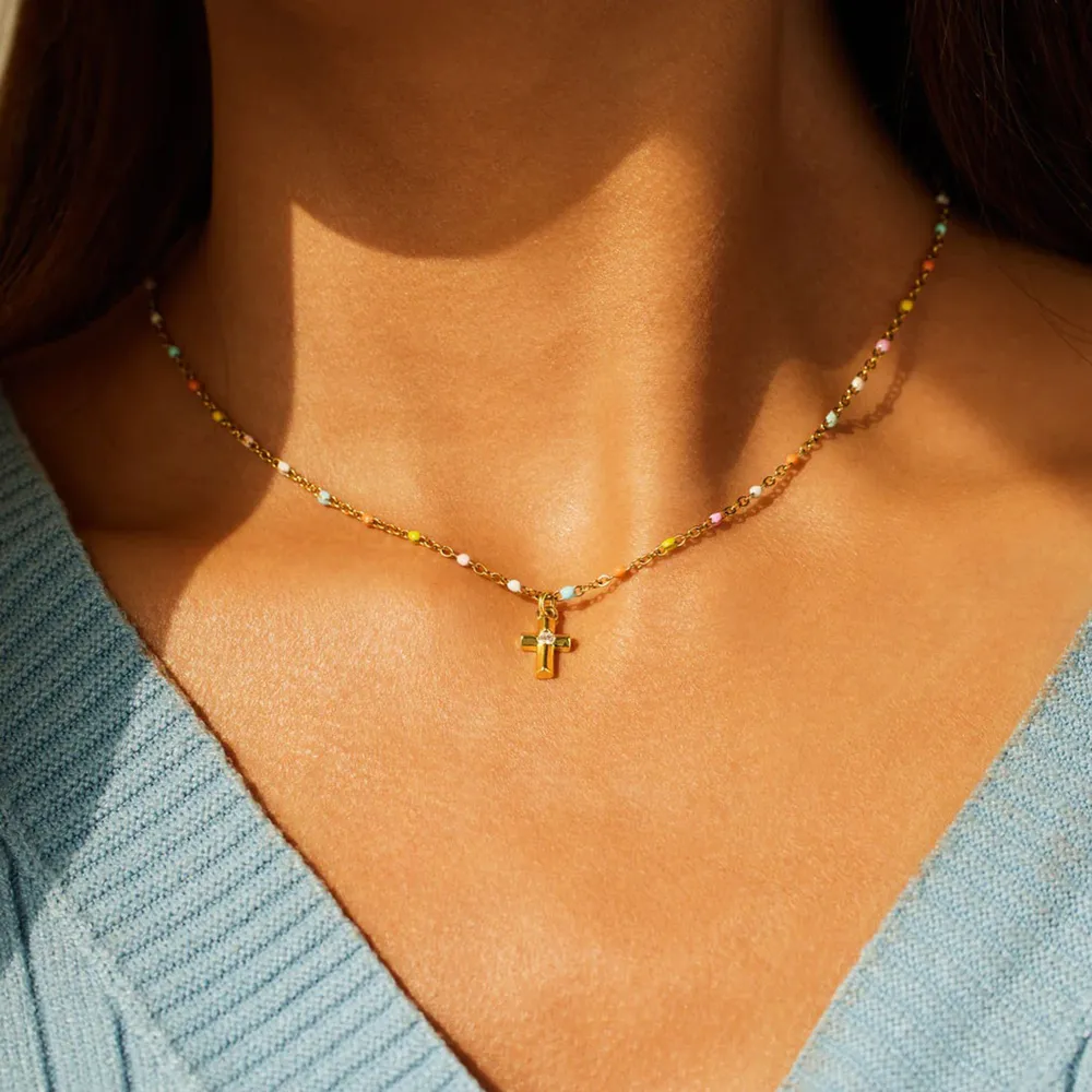 Inlaid Zircon 18K Gold-Plated Cross Bead Necklace, image 4