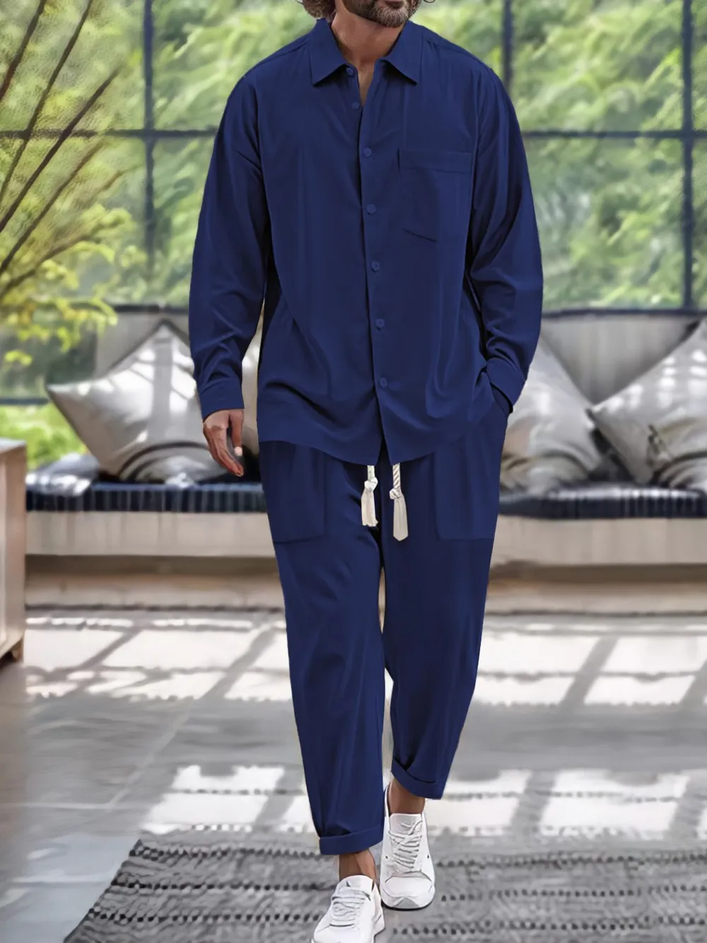 Men's Button Down Long Sleeve Shirt and Pants Set, image 3