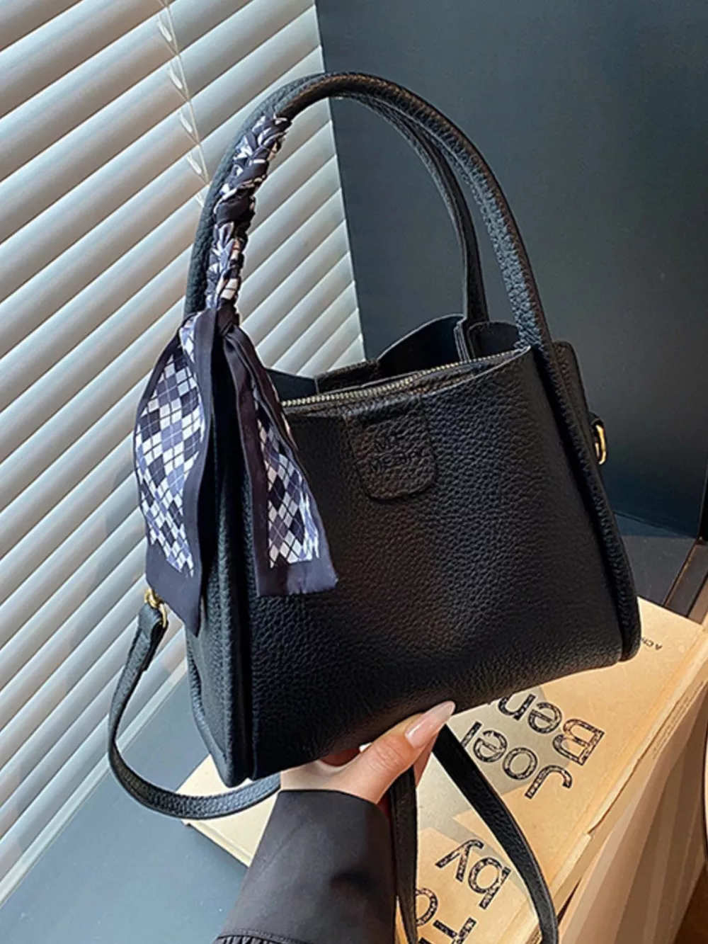 Leather Crossbody Bag with Scarf Accent, image 3