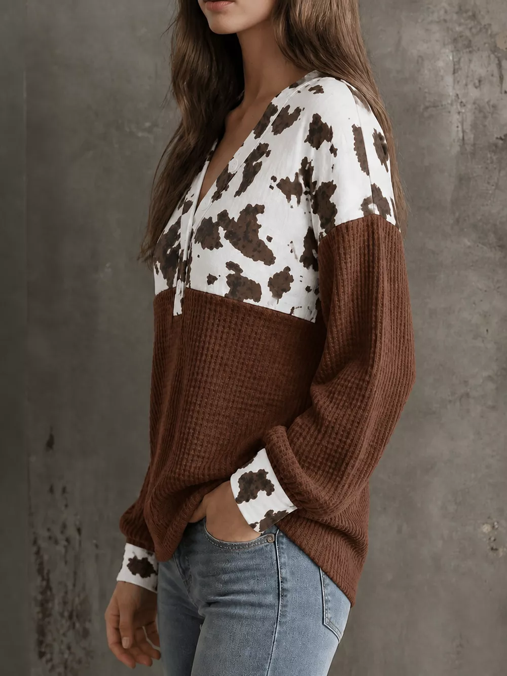 Cow Print Color Block Waffle Knit Blouse, image 16