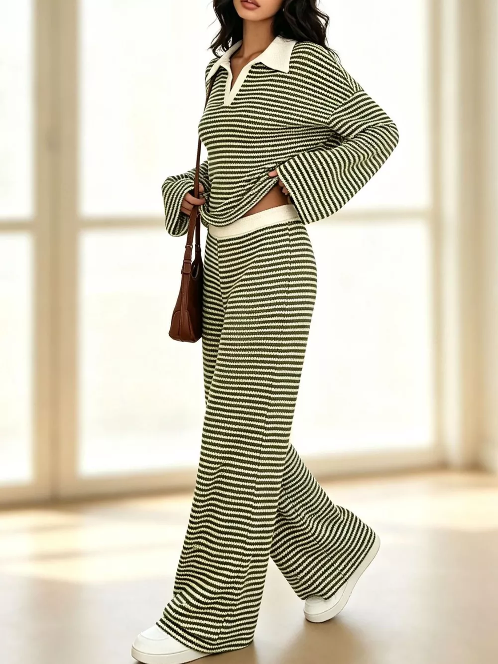 Striped Long Sleeve Polo and Wide-Leg Pants Set, image 12