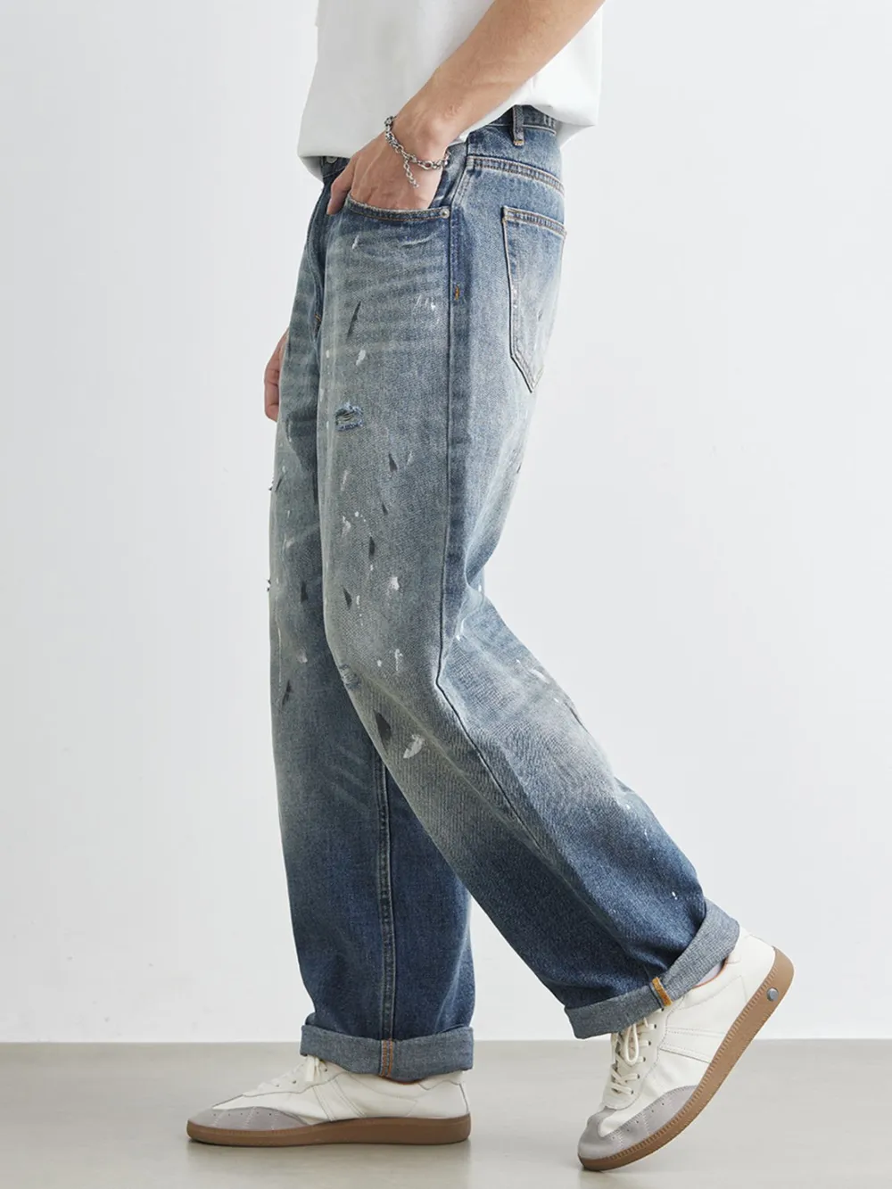 Men's Distressed Paint Splatter Relaxed Fit Jeans, image 5