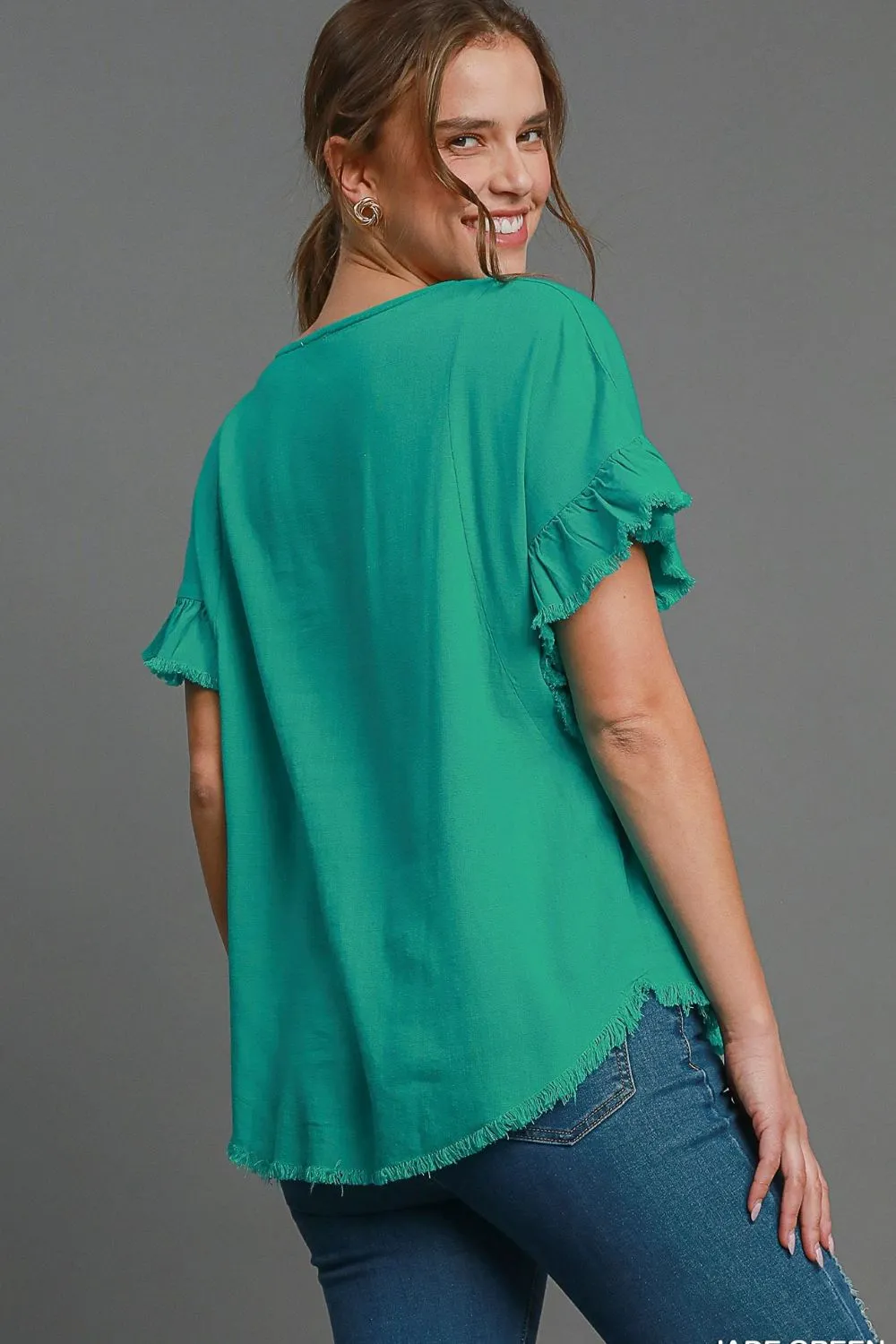 Full Size Raw Hem Ruffle Short Sleeve Blouse Plus Size, image 2