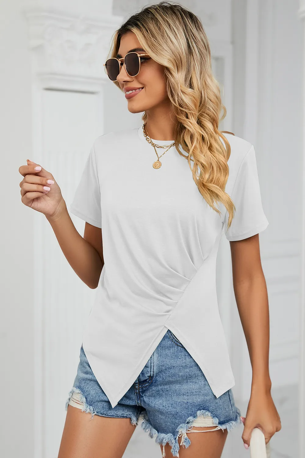 Ruched Round Neck Short Sleeve T-Shirt, image 3