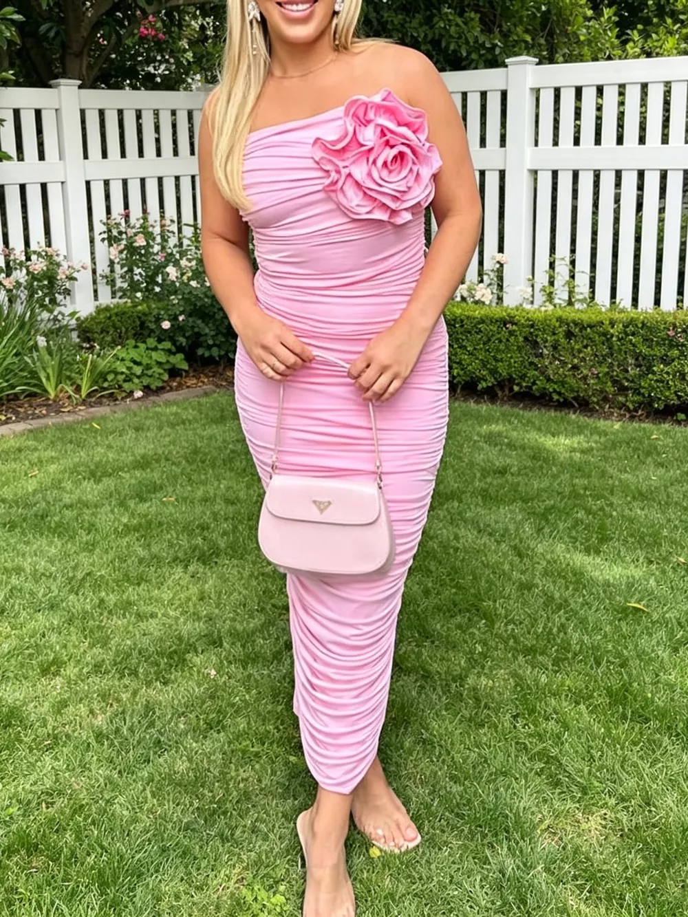 Flower Ruched Tube Bodycon Midi Dress, image 2