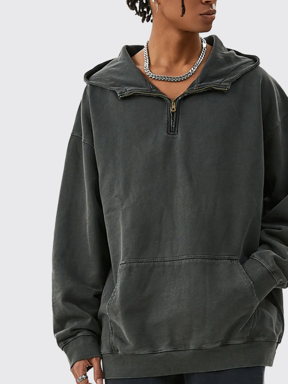 Men's Washed Quarter-Zip Hoodie with Kangaroo Pocket, image 2