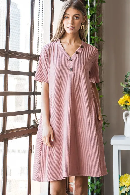 Full Size Solid Ribbed Mini Dress with Button Plus Size, image 5