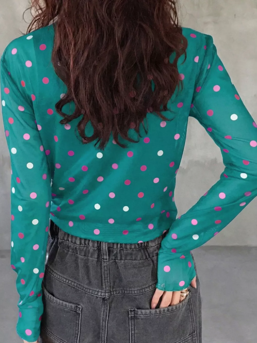 Polka Dot Patterned Bodycon Mock Neck Mesh Long Sleeve Top, image 5