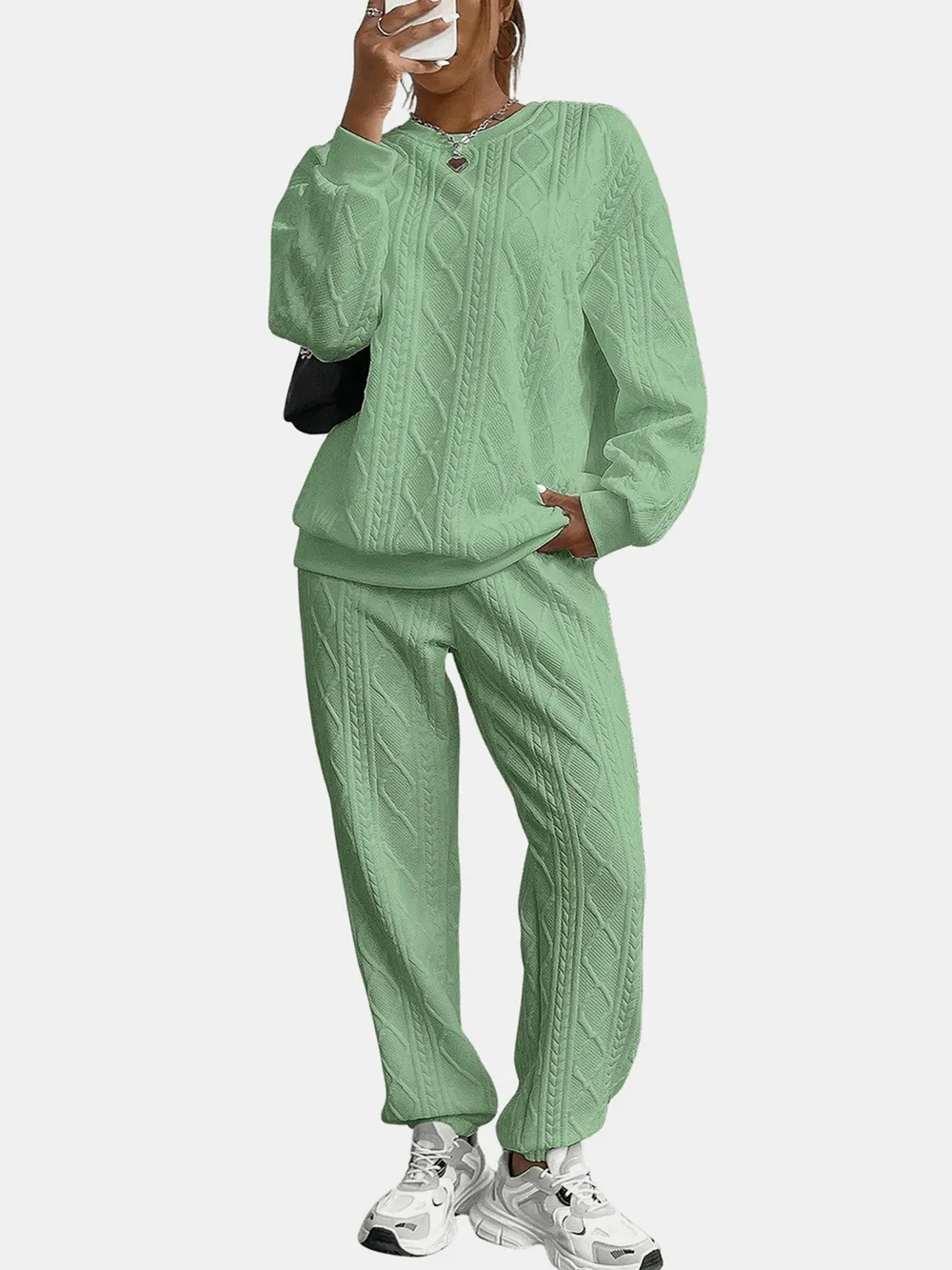 Texture Round Neck Top and Pants Set, image 14