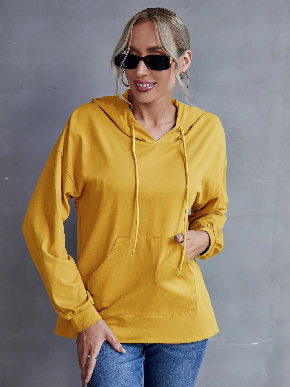 Drawstring Pocketed Dropped Shoulder Hoodie, image 2
