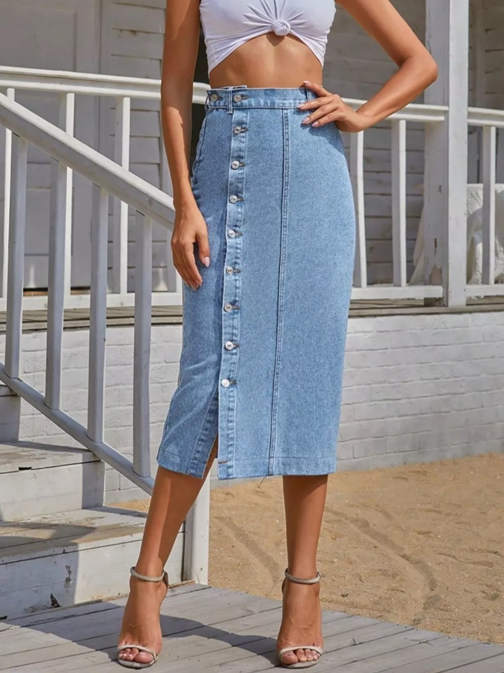 Button-Front Denim Skirt, image 2